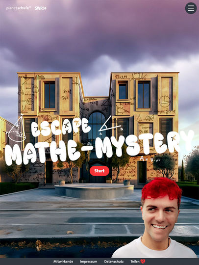 Darsterllung der Startseite der Lernanwendung Escape Mathe-Mystery auf einem Tablet