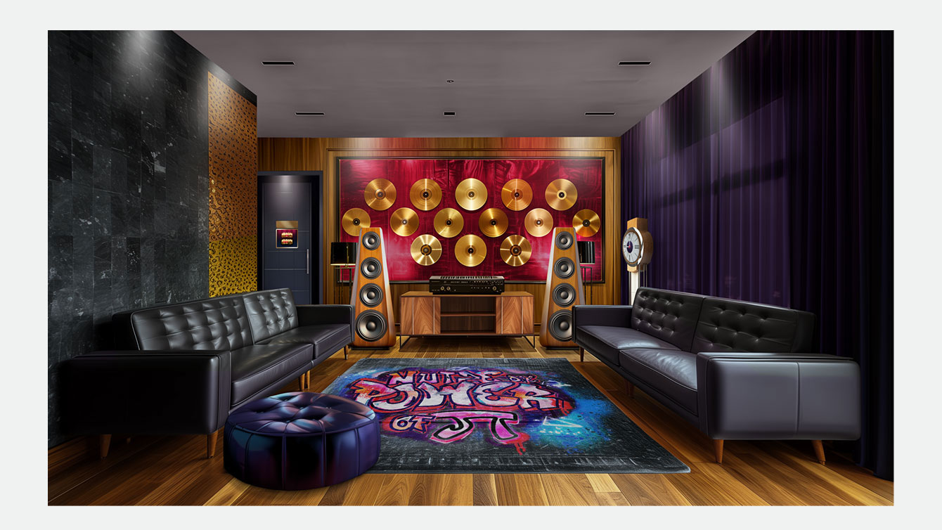 Screenshot des Musikzimmers mit Sofas, Lautsprechern und goldenen Schallplatten an den Wänden