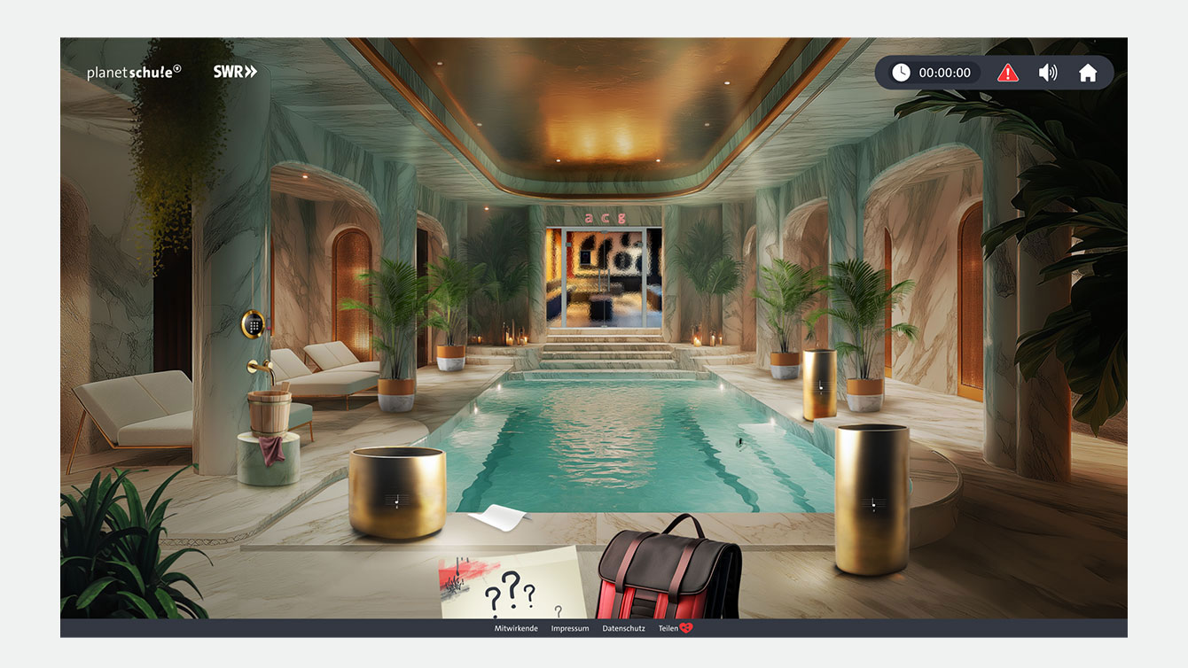 Screenshot einer Spa-Landschaft mit einem großen Becken, viel Marmor und Vasen aus Messing