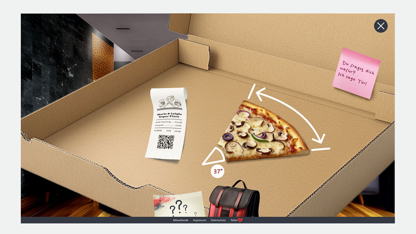 Screenshot einer Spielsequenz mit einer geöffneten Pizzaschachtel in der Hinweise versteckt sind