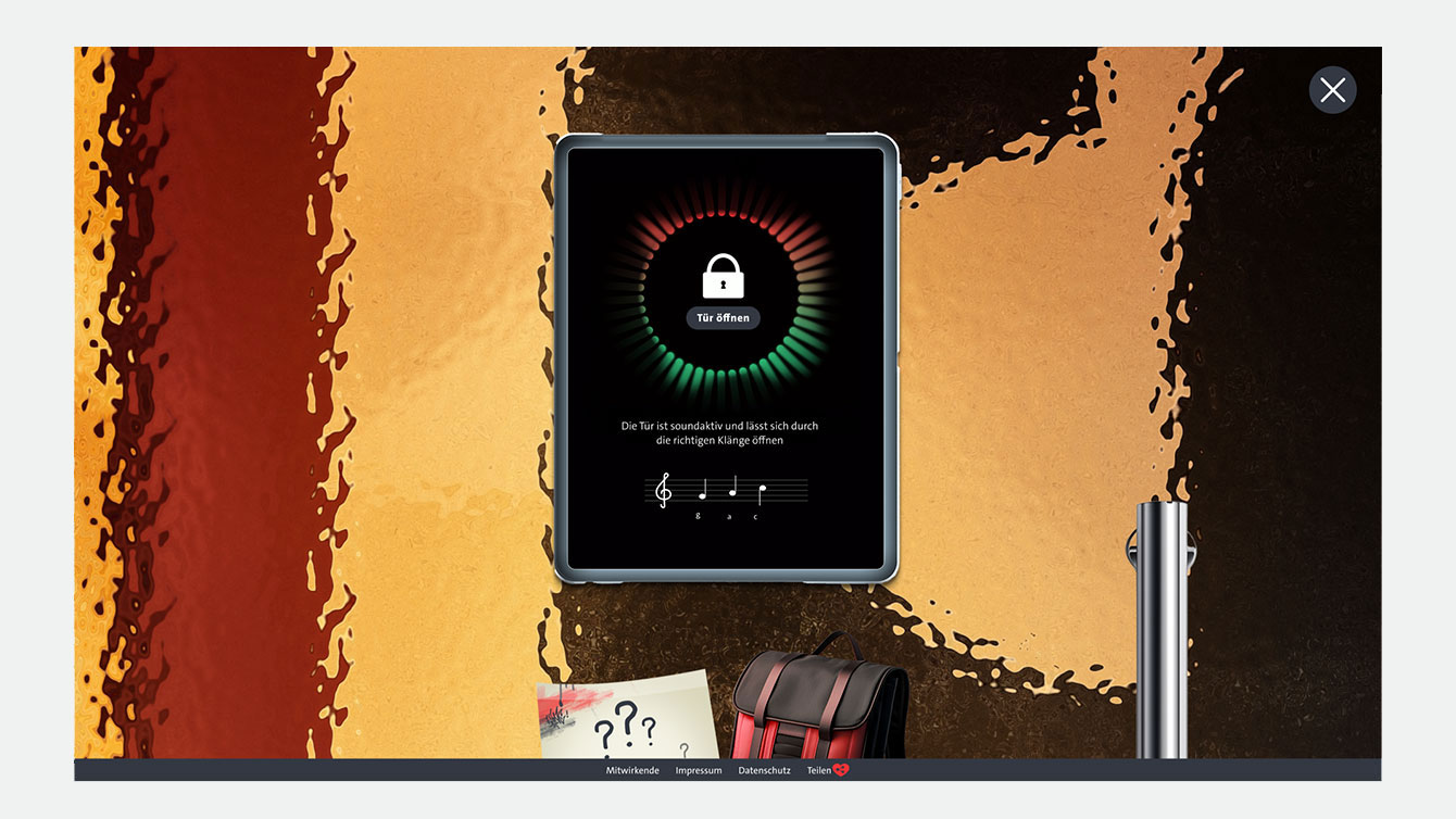 Screenshot einer Spielsequenz mit einem digitalen Türschloss, das auf Audiosignale reagiert